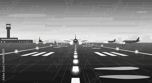 Planes Awaiting Takeoff on a Runway in Heavy Rain at the Airport