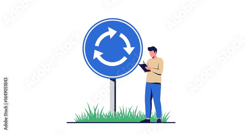 Planning Traffic Flow Man Taking Notes Near Roundabout Road Sign