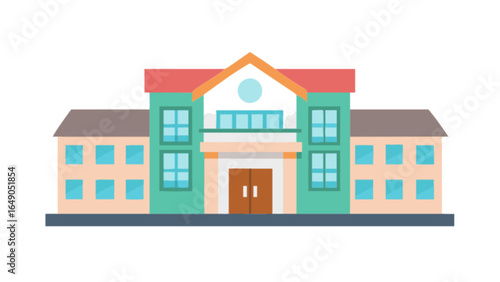 Illustration of a two story building with a red roof and multiple windows in a flat style design