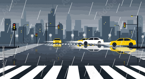 Rainy Urban Evening Scene With Cars Crossing A Wet Road