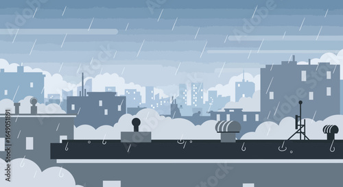 Rainy urban landscape featuring silhouettes of buildings and a cityscape backdrop