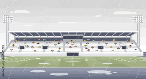 Rainy Weather Stadium Full Of Spectators Watching Soccer Match Vector Illustration