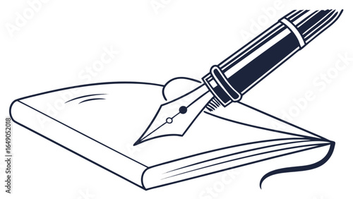 Illustration showing a fountain pen poised over an open book ready to write on a blank page area