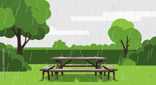 Rainy Weather Scene With Picnic Table In A Grassy Park Illustration
