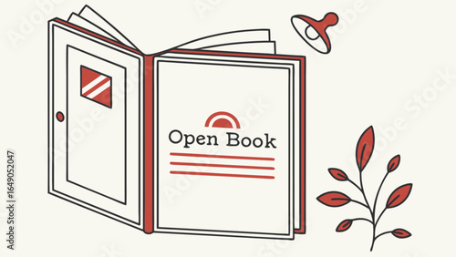 Illustration of an open book with text, a lamp, and a plant with red leaves on a light background