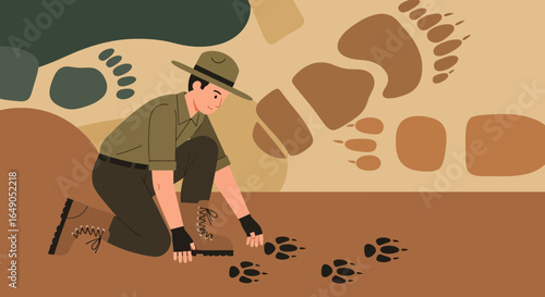 Ranger Measures Animal Tracks In The Wild Conservation Effort Illustration