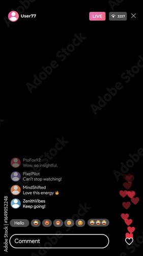 Social media live streaming interface with hearts, comments, LIVE badge, like fountain reactions and chat UI. Vertical smartphone interface for TikTok and Instagram. Transparent alpha MOV overlay.