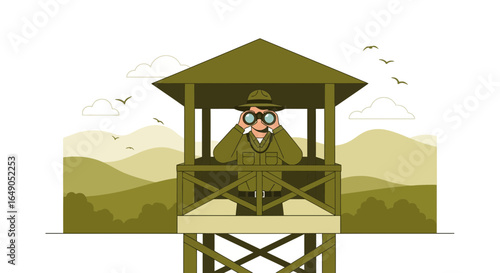 Ranger Observes The Landscape In An Observation Tower With Binoculars
