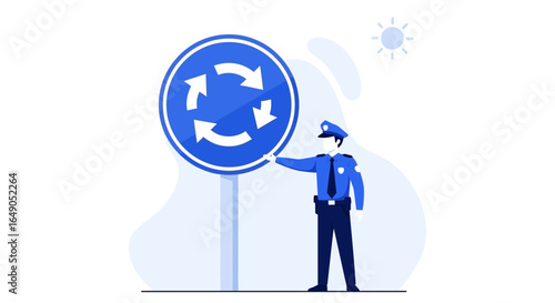 Policeman Directing Traffic At Roundabout Pointing To Road Circulation Sign