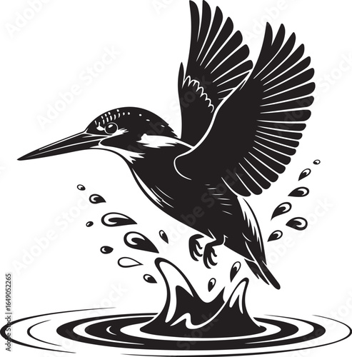 Kingfisher bird dives into water catching prey splashing