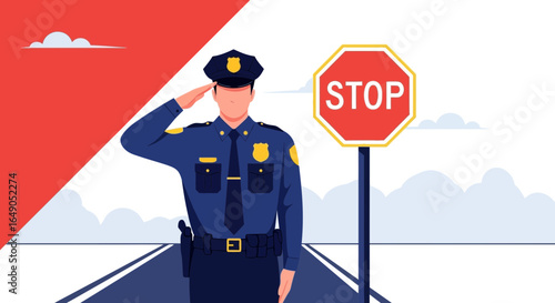 Policeman On Duty Saluting By A Stop Sign With Sky Background