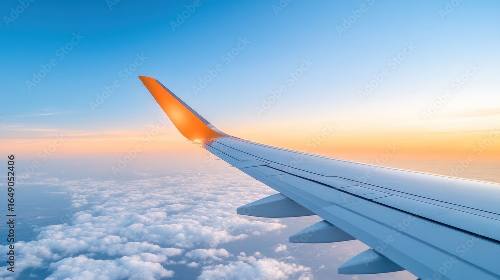 Obraz premium Sunset Flight: Aerial View of Wing Above Clouds