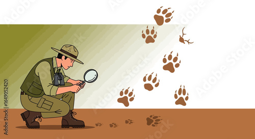 Ranger With Magnifying Glass Tracking Animal Footprints In The Wilderness