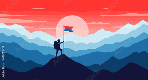 Reaching Mountain Peak With Flag Against Scenic Sunset Achievement Concept