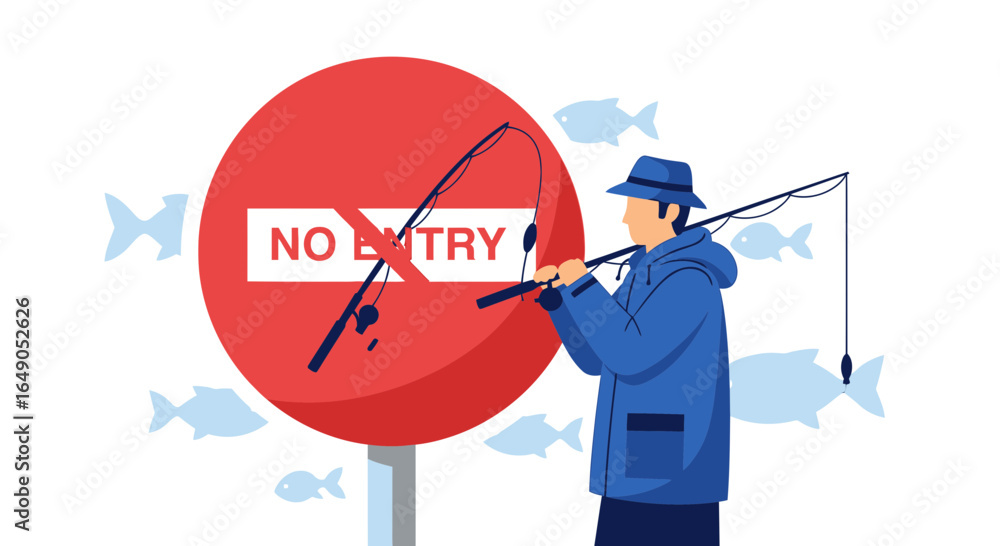 Fototapeta premium Rebellious Fisherman Defying Entry Sign With Optimism And Determination