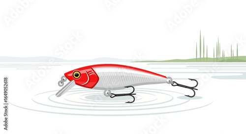 Realistic illustration of a red and silver fishing lure in a clear lake water