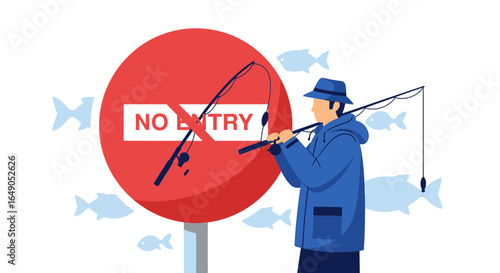 Rebellious Fisherman Defying Entry Sign With Optimism And Determination