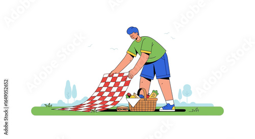 Preparing A Picnic Gathering On The Lawn With Woven Basket And Checkered Blanket