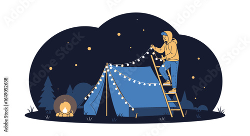 Preparing For A Cozy Evening Camping By Decorating The Tent With String Lights