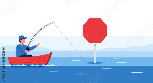 Recreational Angler In A Boat Fishing Near Restrictive Area Warning Sign
