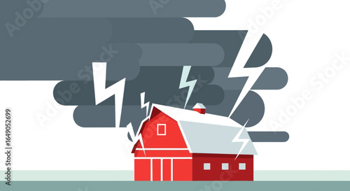 Red Barn Amidst a Lightning Storm Illustrating Natural Disaster Concept
