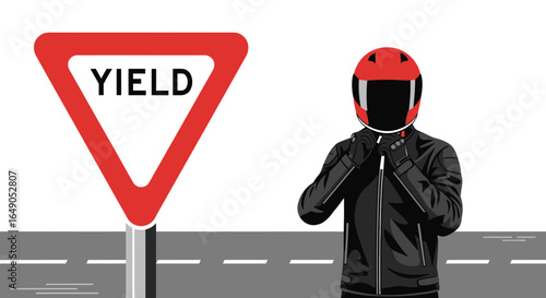 Red Helmet Motorcyclist Preparing to Ride Beside Yield Sign Road Safety