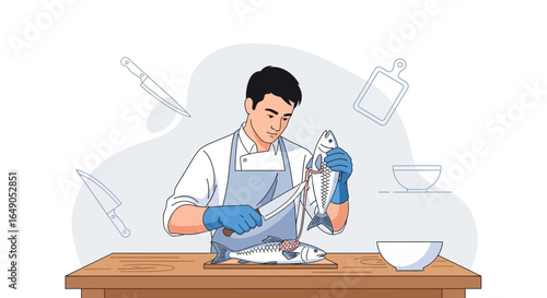 Preparing Fresh Fish Illustration By Professional Chef For Culinary Recipe