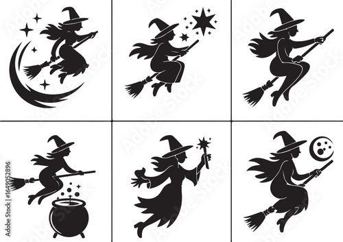 Witches flying broomsticks with magic, moon, and cauldron