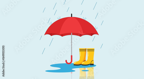 Red Umbrella And Yellow Boots In The Rain Illustration Weather Concept