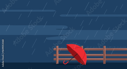 Red Umbrella Sheltering From The Heavy Rain Near A Rustic Wooden Fence