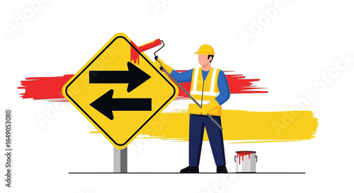 Redesigning Traffic Direction With A Painter Transforming A Sign Into A Fresh Vision