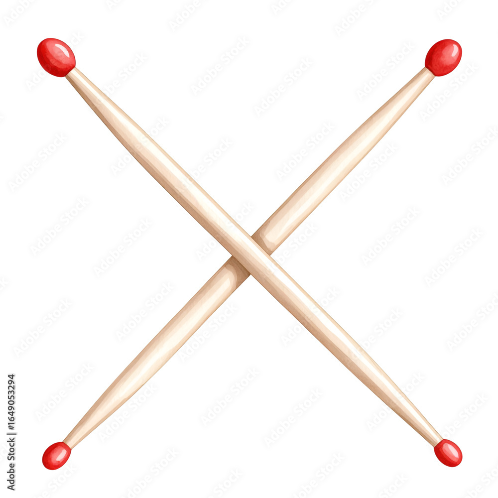 Watercolor Artistic Drumsticks: Artistic depiction of two crossed drumsticks with red tips, evoking rhythm, musicality, and percussion. Watercolor Artistic Drumsticks: Artistic depiction of two crossed drumsticks with red tips, evoking rhythm, musicality, and percussion.