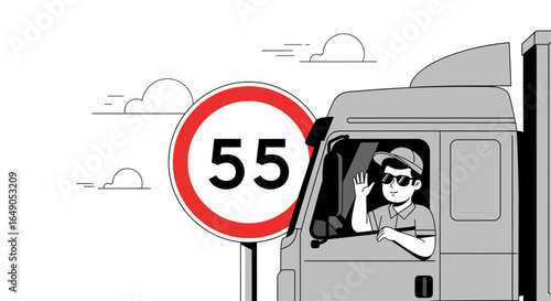 Professional Driver Waving From A Truck Near 55 Miles Speed Limit Sign
