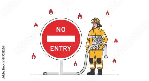 Professional Firefighter Standing Near No Entry Sign Amidst Burning Flames