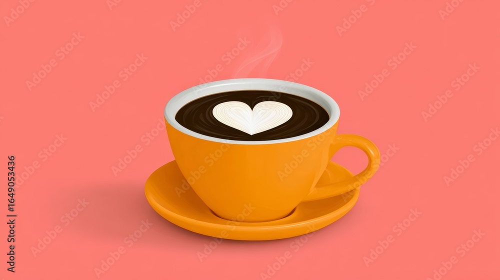 Obraz premium Cup of coffee with a heart drawn on it sits on a saucer. The coffee is hot and steam is rising from it. Concept of warmth and comfort, as well as a touch of creativity and playfulness