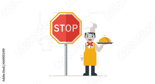 Refusing Service Cartoon Chef with Plate Beside Stop Sign Vector Illustration