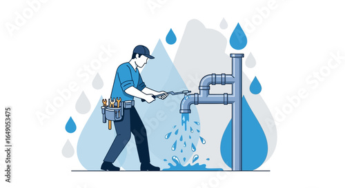 Professional plumber fixing a water leak with wrench detailed vector illustration