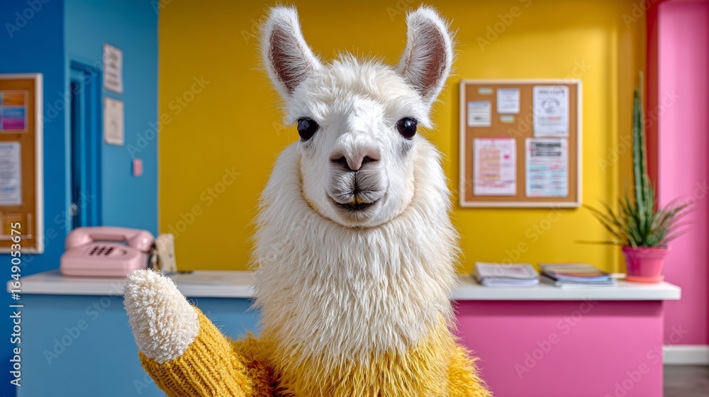 Obraz premium White llama is standing in front of a yellow wall and a pink wall. The llama is wearing a yellow sweater and he is smiling