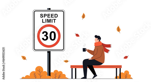 Relaxing Autumn Scene With a Man Drinking Near a Speed Limit Sign