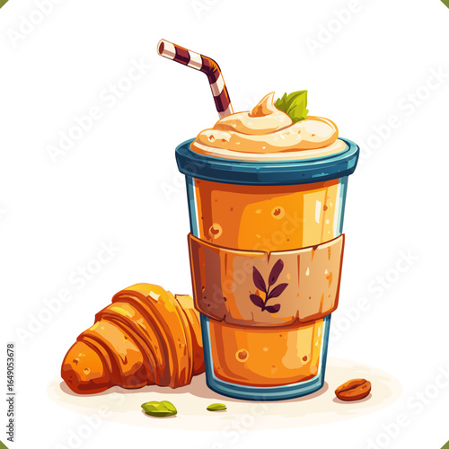 Vector illustration of a pumpkin iced latte in a plastic cup with whipped cream, straw, croissant, isolated on white background