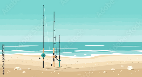 Relaxing Beach Scene Featuring Fishing Rods With Ocean View Graphic