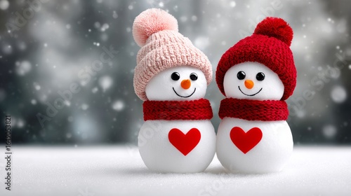 Wallpaper Mural Two snowmen with red hats and scarves and hearts on their chests. They are smiling and seem to be happy Torontodigital.ca