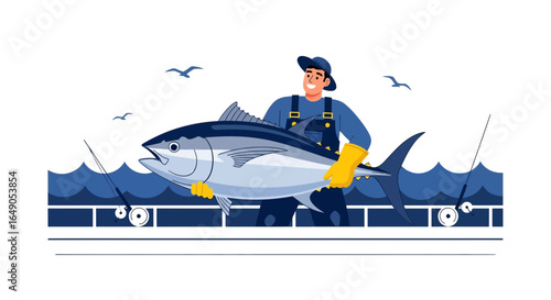 Proud Fisherman Displays His Impressive Tuna Catch On The Open Sea Illustration
