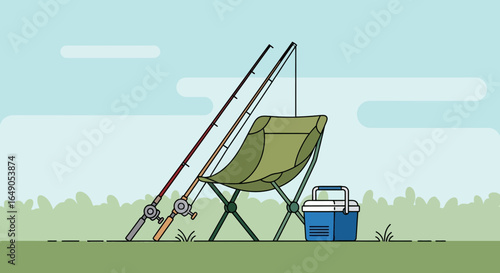 Relaxing Day Of Fishing With Minimalist Style On The River Bank At Sunrise