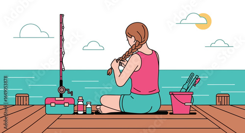 Relaxing Fishing Afternoon Young Woman Braiding Hair On Pier Flat Design