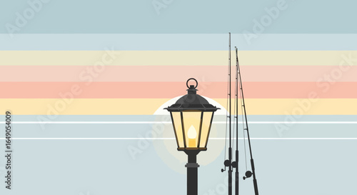 Quiet Evening Fishing At The Lake With Sunset And A Lamp Post