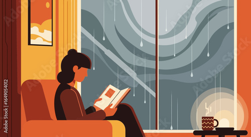 Quiet Afternoon Reading Inside During a Stormy Weather Illustration