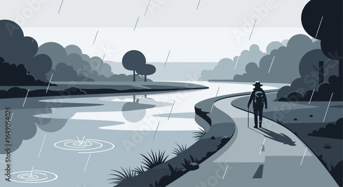 Quiet Journey On A Rainy Day In A Nature Reserve Path Grey Tone