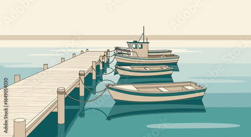 Quiet Harbor Scene With Boats Docked Peacefully Near a Wooden Pier