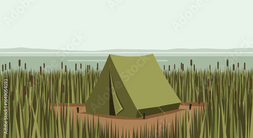 Quiet Tent Vacation In The Reeds By The Water Near The Mountains